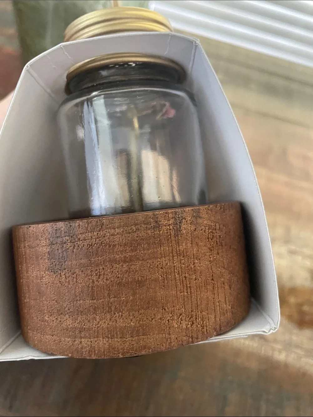 Salt & Pepper Shakers w/ Wood Holder - Gold & Green Glass Canister w/ Wood Lid
